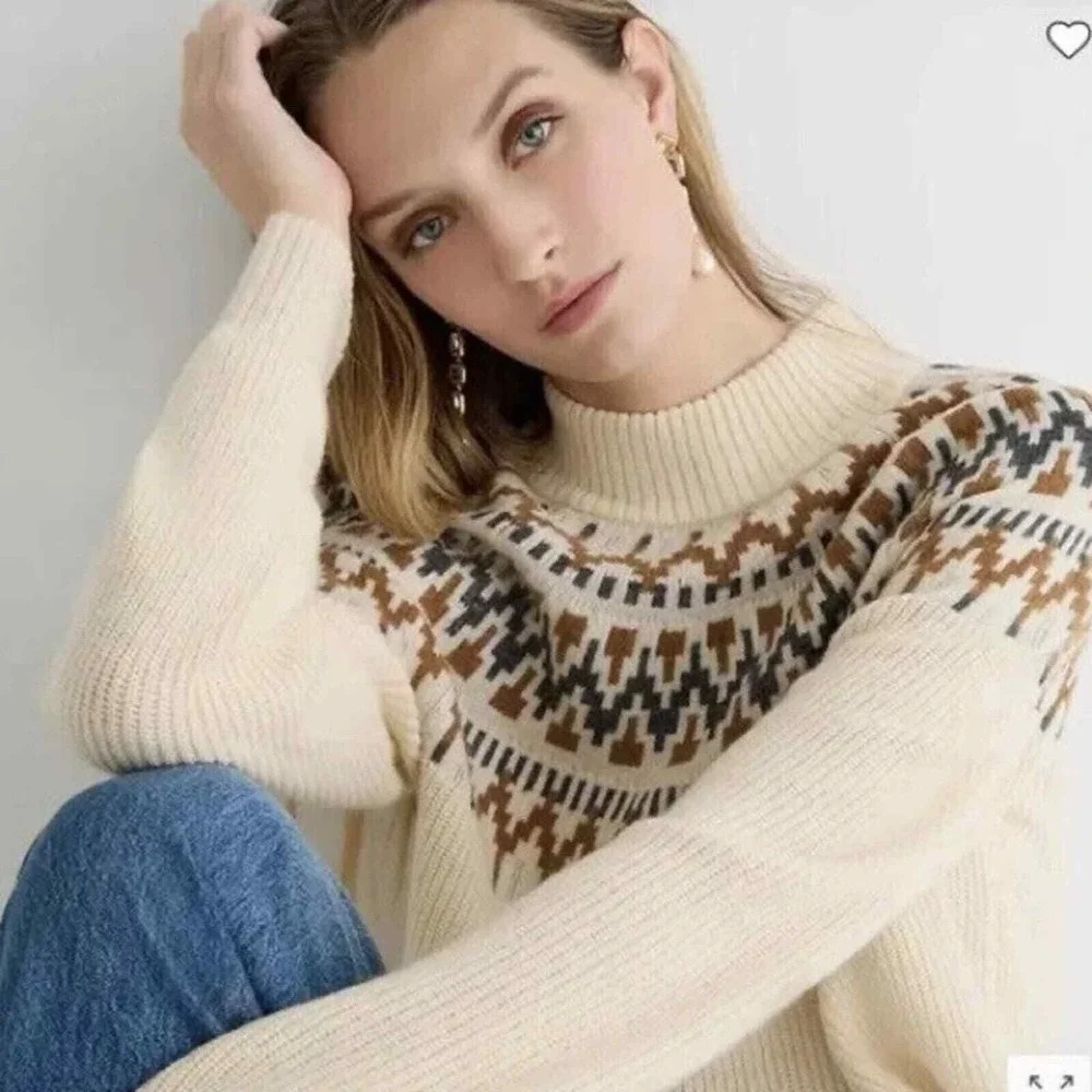 J.Crew | Fair Isle Mockneck Pullover Sweater Small Cream BM179 Lambswool